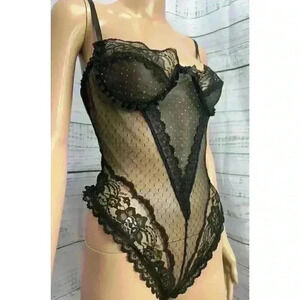 Vtg Rare Designs By Faris Black Teddy Sheer Lace Rhinestone Bodysuit Lingerie M